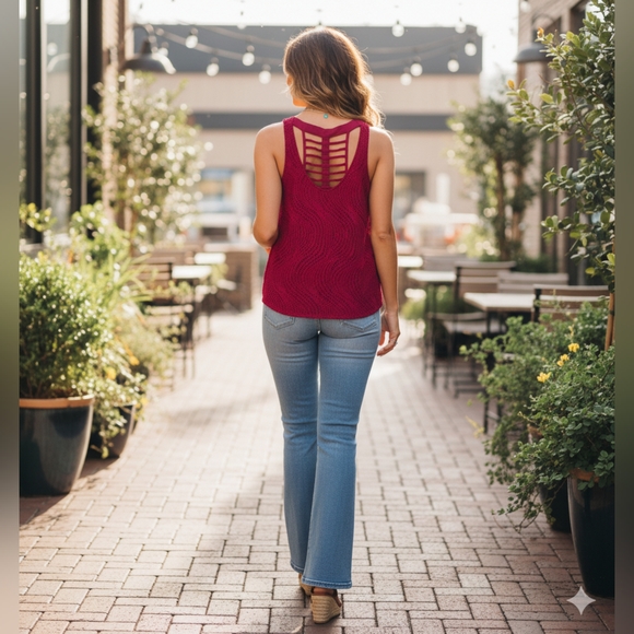 🌿Maurices Women's Medium Burgundy Lace Brocade Racerback Lattice Sleeveless Top - Picture 10 of 12